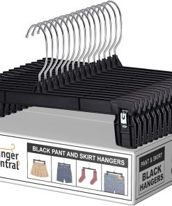 12 inch 30 Pack Pants Hangers Slim Plastic Clothes Hangers with Clips for Skirts. Shorts & Trousers – Non Slip Grip. Heavy Duty Space Saver with Swivel Hook – Black Closet Organizer